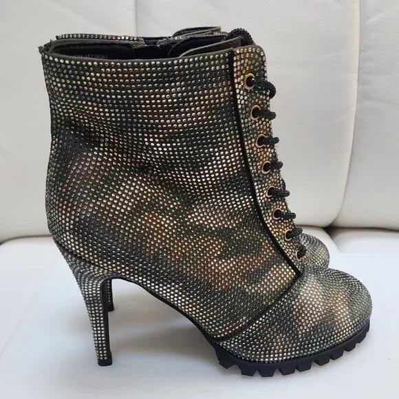 GLAM CAMO Crystal Studded Lug Sole Combat Stiletto Heel Boots - Size 10 LIKE NEW - Picture 4 of 10